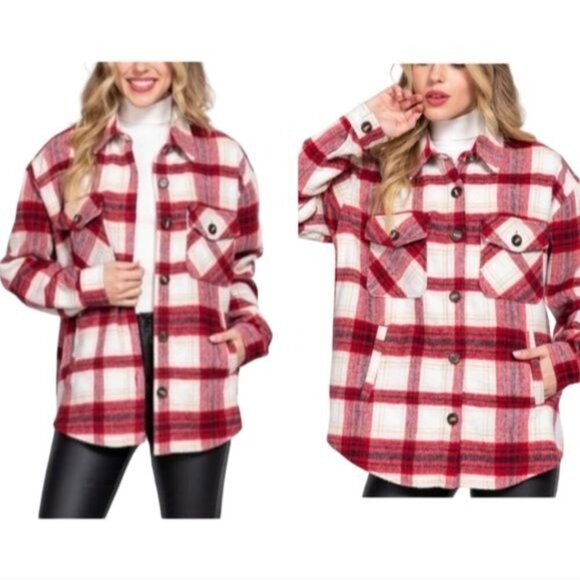 Active USA Wool Blend Shacket Tartan Plaid Flannel Red Ivory Multicolor Jacket L - Picture 3 of 13